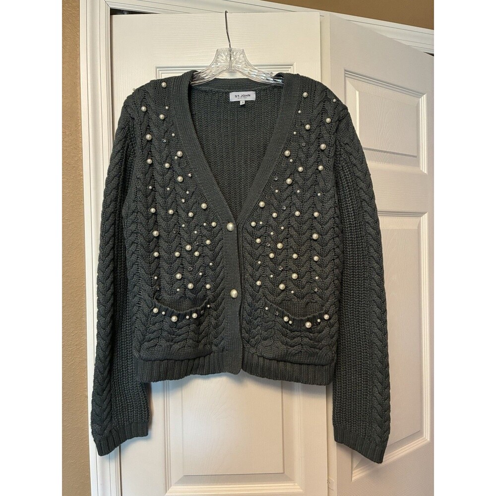 St. John Women’s Cable-Knit Pearl Beaded V-Neck sweater Cardigan Small